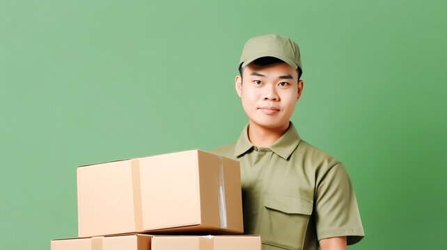 Delivery service worker, young Asian male in special uniform with a cardboard box on green background Generative AI