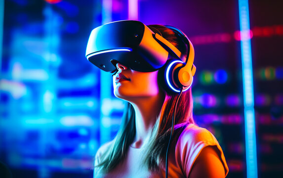 Future Focused Young Woman Playing in Neon VR Space - made with Generative AI