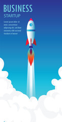 Business Startup Concept. Rocket space ship take off. Rocket launches in space flying. Vector illustration.