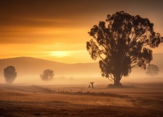 Fototapeta na wymiar Dawn's Embrace: Sunrise in the Foggy Australian Countryside