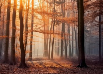 Autumn's Radiant Embrace: Forest Enveloped in Fog and Sunbeams