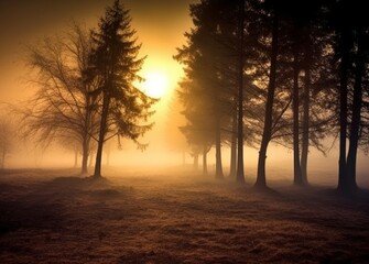 Enchanting Dawn: Foggy Landscape with Trees and Meadow at Sunrise