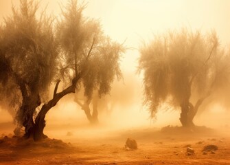 Mystical Tranquility: Olive Grove in Sunset Fog (Toned)