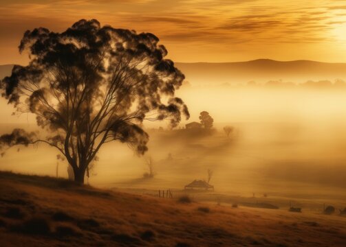 Morning Serenity: Sunrise over Misty Countryside Landscape in Australia