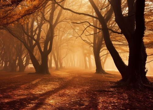 Enigmatic Enchantment: Autumn Forest Shrouded in Fog and Bathed in Sunbeams