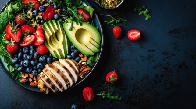 Vibrant Nutritional Delight: Healthy Salad Bowl with Chicken, Avocado, Berries, and Nuts
