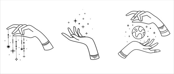 Linear Vector Illustration. Magical hand drawings. The concept of magic and healing with hands. Hands holding the earth in space. 