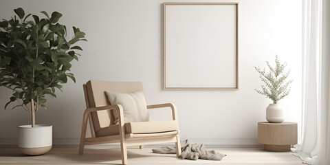Living room interior with mock up poster frame with copy space, beige. Home decor. generative AI,