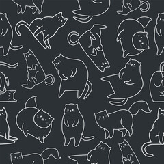 Seamless vector pattern with funny cats. Linear style kittens, funny and fun. Contrasting black and white background 