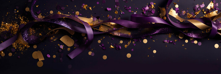 Anniversary dark violet and gold color background with falling confetti and light effects.  Generative AI.