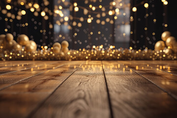 Anniversary wooden and gold color background with falling confetti and light effects.  Generative...