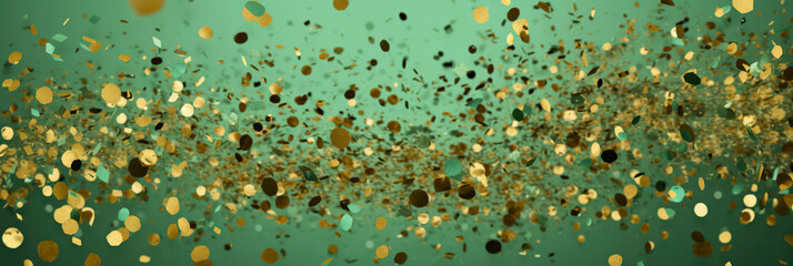 Anniversary light green and gold color background with falling confetti and light effects.  Generative AI. - obrazy, fototapety, plakaty