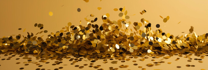 Anniversary yellow and gold color background with falling confetti and light effects.  Generative AI.