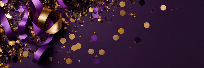 Anniversary purple and gold color background with falling confetti and light effects.  Generative...