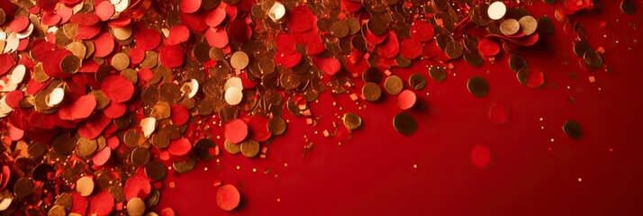 Anniversary red and gold color background with falling confetti and light effects.  Generative AI.