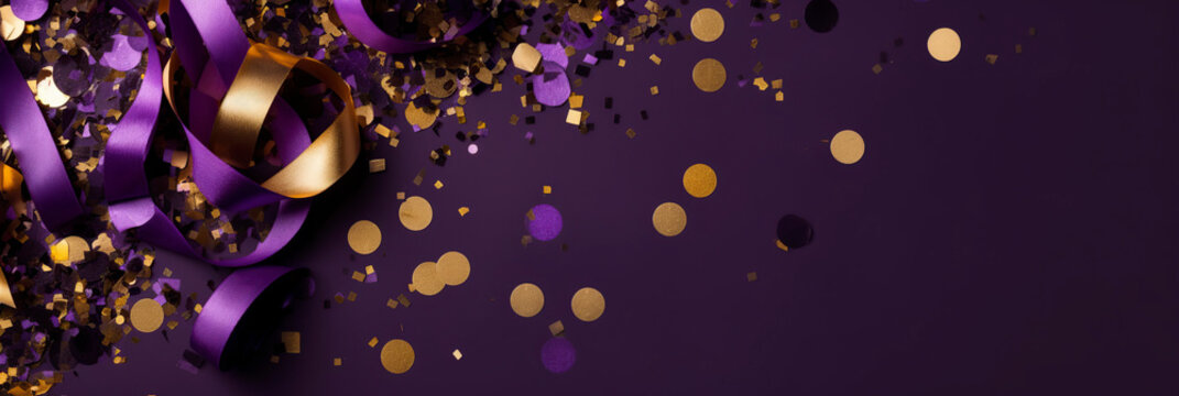 Anniversary purple and gold color background with falling confetti and light effects.  Generative AI.
