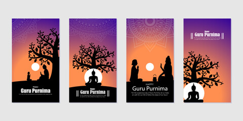 Vector illustration of Happy Guru Purnima social media story feed set mockup template - obrazy, fototapety, plakaty