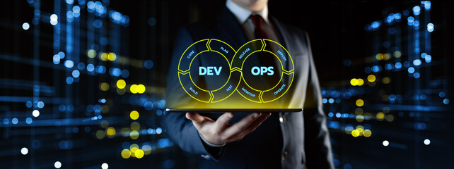DevOps Dev Ops software development. Business Technology Automation Process Concept