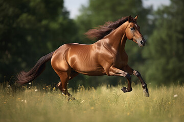 Obraz na płótnie Canvas Brown horse galloping in the field. Illustration AI Generative..