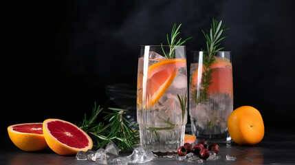 Cocktail of vodka and sprite with ripe fruits and rosemary Illustration AI Generative - obrazy, fototapety, plakaty