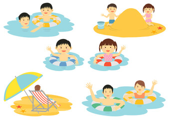 海水浴イラスト_海で遊ぶ人々のイラストのセット
