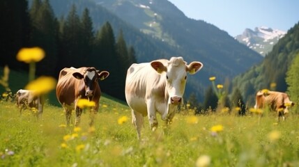 Fototapeta na wymiar Cows in Alps. Illustration AI Generative..