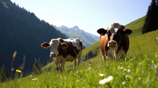 Cows in Alps. Illustration AI Generative..