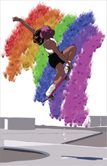 A picture of a girl playing skate board with rainbow color behind. Happy Pride
Suitable for sticker, t shirt design, postcard etc