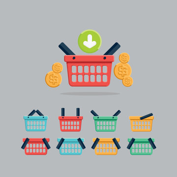 Multicolored shopping baskets with coin icons and arrow