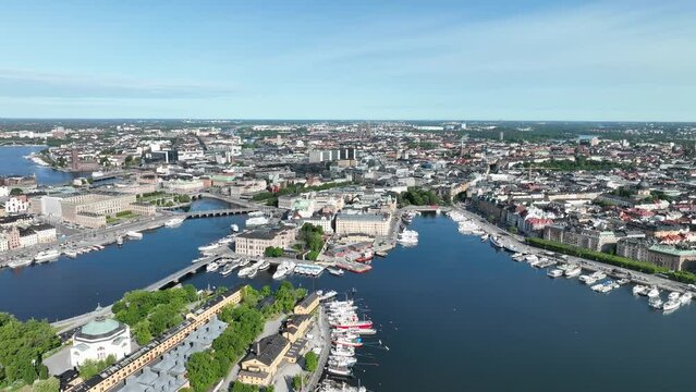 Stockholm panoramic summer aerial towards north east showing beautiful waterways with Ostermalmand and Kvarteret and Vasastan in background