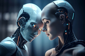 Romance of two robots, sensual couple of humanoids. ai generated