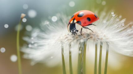 Ladybug on white dandelion.  Illustration AI Generative..