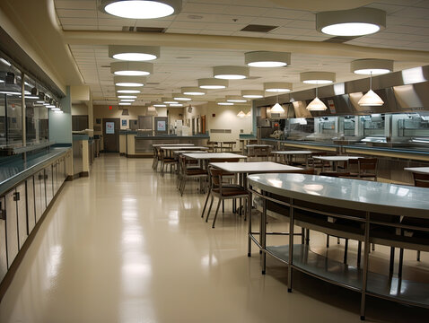 Cafeteria At Assuta Hospital. Empty Cafeteria Or Cafe Or Food Area In A Large Indoor Hospital Building. No People. Horizontal View. Side View. Generative AI