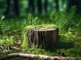 Natural podium in forest. Illustration AI Generative..