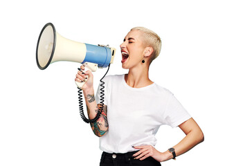 Megaphone, broadcast and woman voice isolated on transparent png background for speaking, protest...