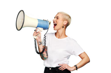 Megaphone, broadcast and woman voice isolated on transparent png background for speaking, protest or vote. Freedom of speech, strong opinion and gen z person in call to action, human rights or change