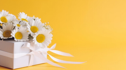 Yellow background with daisy flowers and gift box. Illustration AI Generative..