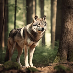 Naklejka na ściany i meble Wolf in forest. Illustration Generative AI