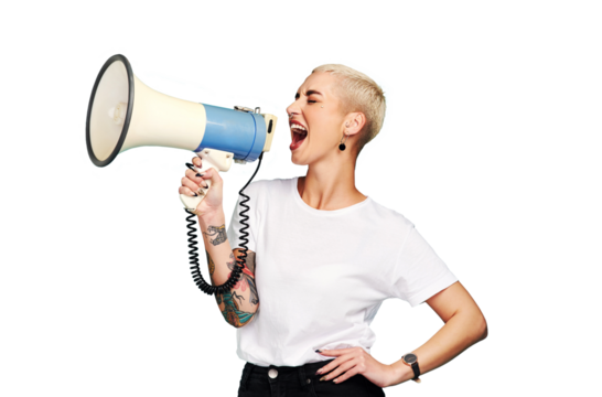 Megaphone, broadcast and woman voice isolated on transparent png background for speaking, protest or vote. Freedom of speech, strong opinion and gen z person in call to action, human rights or change