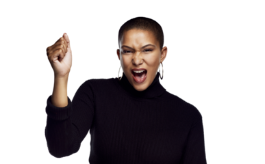 Human rights, black woman screaming with fist for protest and isolated against a transparent png background. Riot or announcement, justice or noise speech and female person shout for rally.