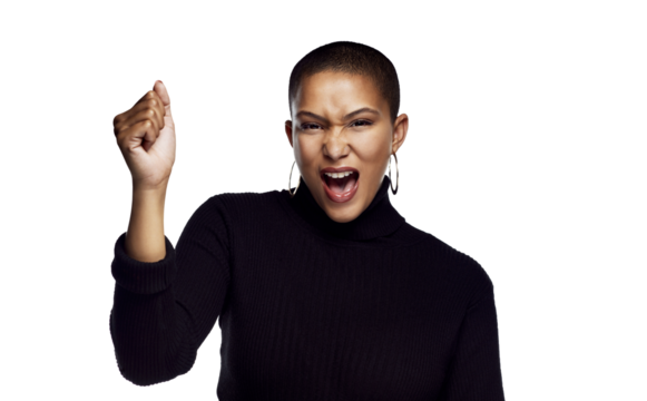 Human rights, black woman screaming with fist for protest and isolated against a transparent png background. Riot or announcement, justice or noise speech and female person shout for rally.