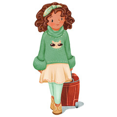A dark-skinned smiling girl in a skirt is walking, looking around. travel concept. Vacation stuff. Hand drawn bag. Tourist's luggage graphic elemen. Watercolor isolated illustration. kid a front view.