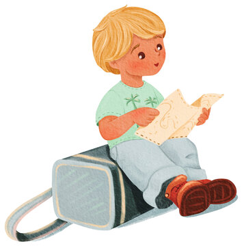 A little blonde tourist is sitting on the grey sports bag, looking at the map. Isolated watercolor illustration of a teenager. A character with a front view. workbook, notepad, printing, scrapbooking