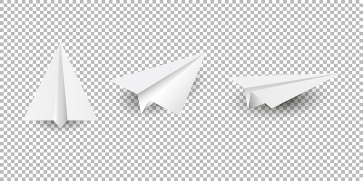 Set realistic white paper plane 3D model jet. Different view paper airplane isolated on transparent background
