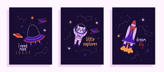 Posters witn funny UFO, rocket and cute raccoon spaceman. Flat style. Vector illustration. Hand draw lettering. International Day of Human Space Flight and Cosmonautics Day. Ideal for stickers