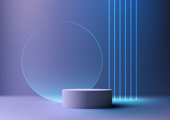 3D realistic modern style empty blue color podium stand decoration with transparent glass circle and blue neon laser lines background - obrazy, fototapety, plakaty