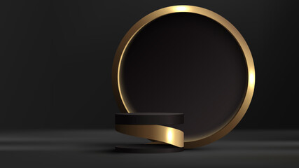 3D realistic modern luxury style empty black and gold cylinder podium stand with circle backdrop on dark background