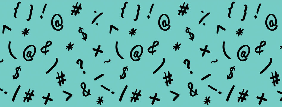 pattern with the image of keyboard symbols. Punctuation marks. Template for applying to the surface. pastel green blue background. Horizontal image. Banner for insertion into site.