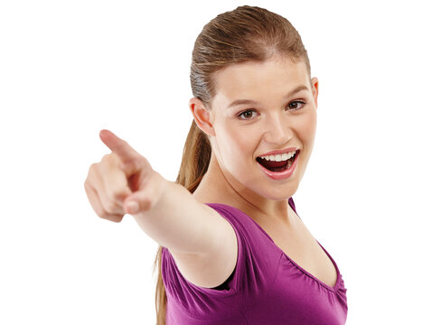 Portrait, pointing and smile with a woman isolated on transparent background for direction or sales notification. Face, announcement or gesture with an excited young female brand ambassador on PNG