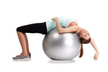 Woman stretching back on ball for exercise in portrait, smile and fitness isolated on transparent png background. Girl, yoga and workout for health, wellness or happy with motivation for strong body
